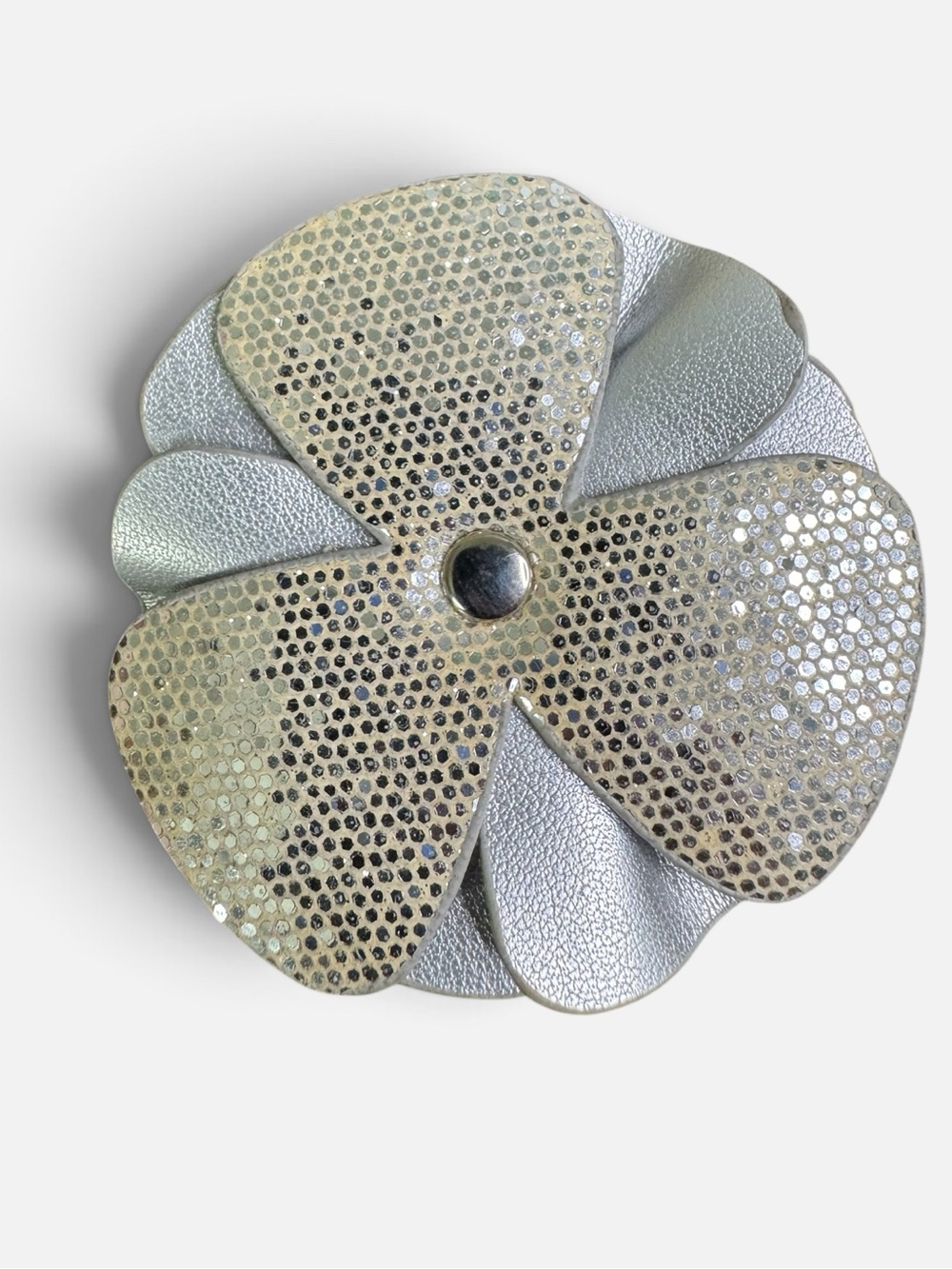 Silver Tone Large Camellia Flower Layered Brooch Pin MOD 1960’s Revival